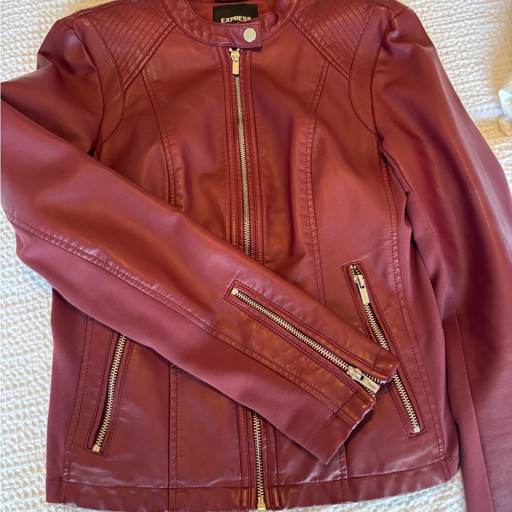 Express Burgundy Leather Motorcycle Jacket with Glossy Finish